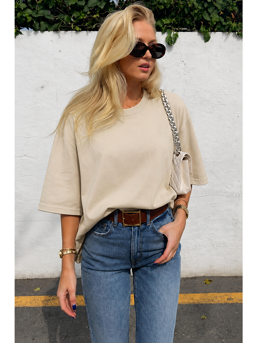 Bej Oversize Basic Kadın Tişört-1