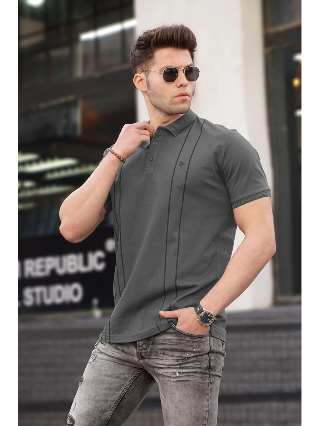 Gri Erkek Polo Yaka Füme Tişört 5822