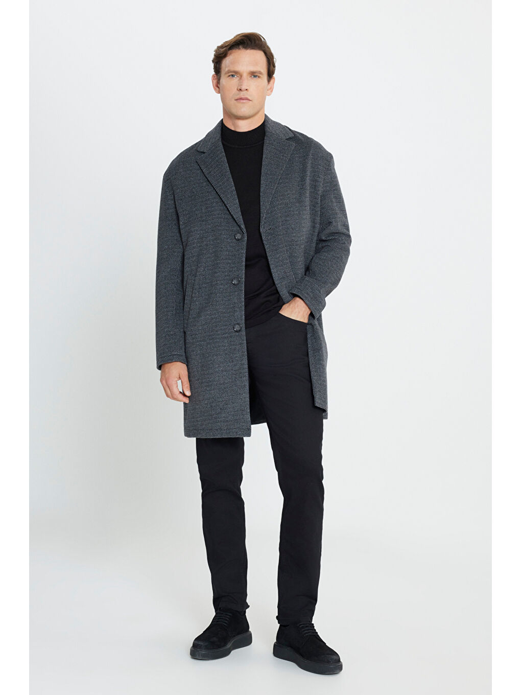 Erkek Gri Oversize Bol Kesim Mono Yaka Desenli Kaşe Kaban-1