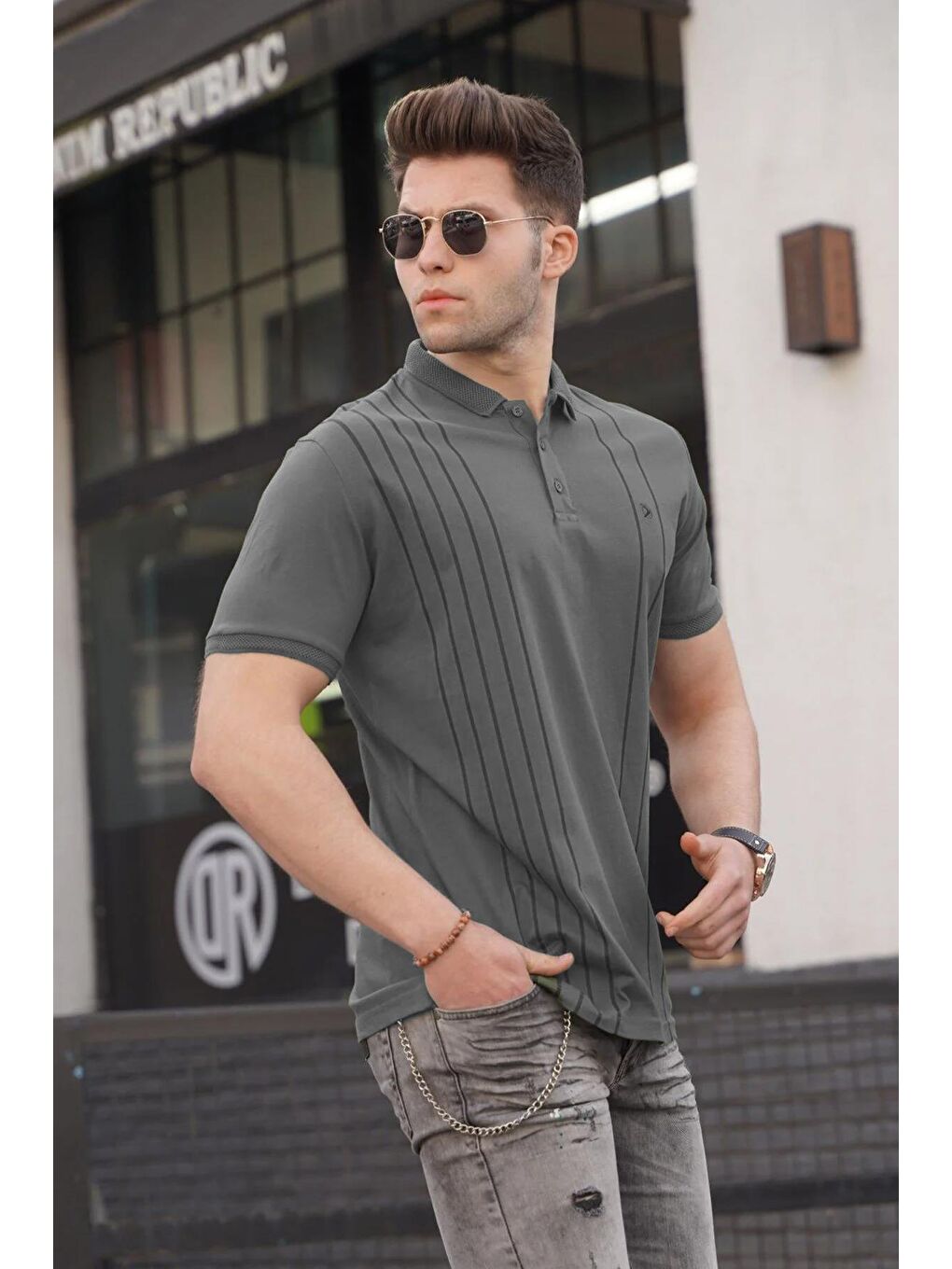 Gri Erkek Polo Yaka Füme Tişört 5822-1