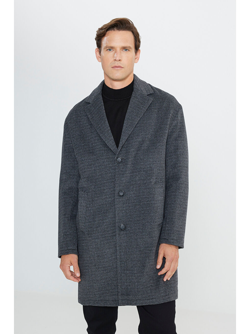 Erkek Gri Oversize Bol Kesim Mono Yaka Desenli Kaşe Kaban-2