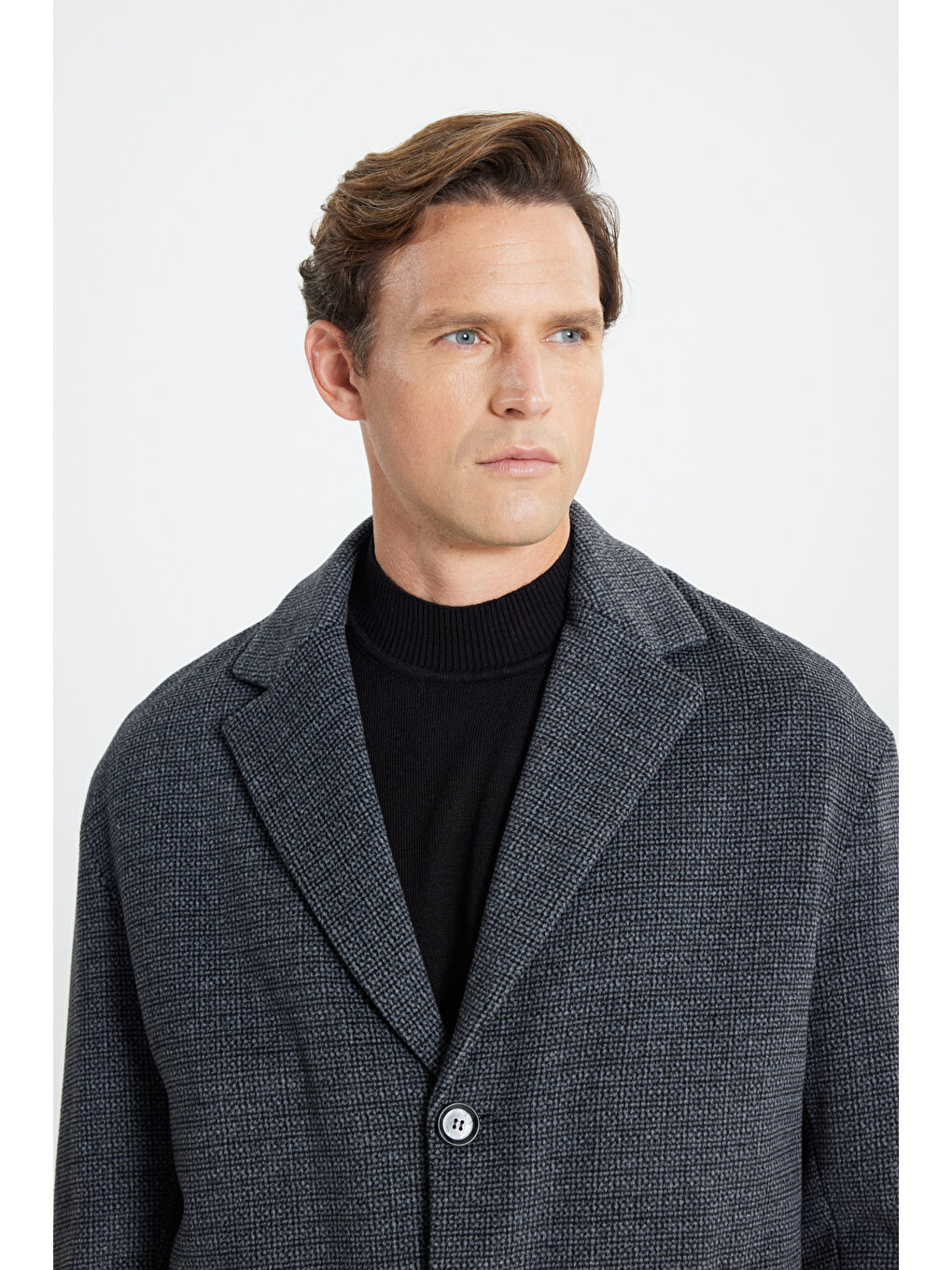 Erkek Gri Oversize Bol Kesim Mono Yaka Desenli Kaşe Kaban-3