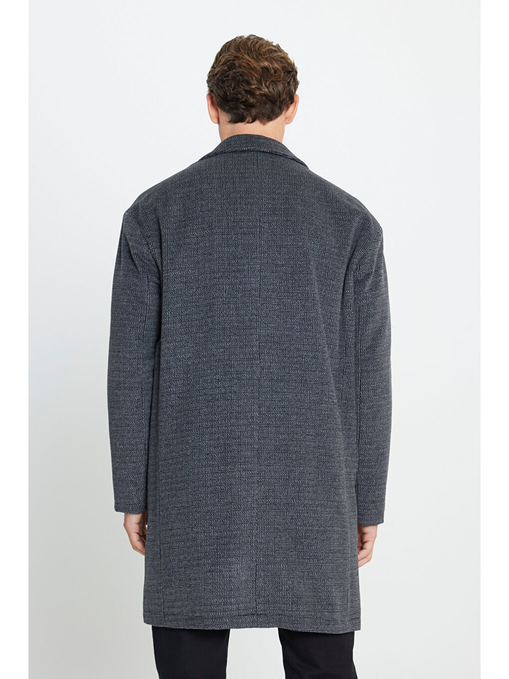 Erkek Gri Oversize Bol Kesim Mono Yaka Desenli Kaşe Kaban-4