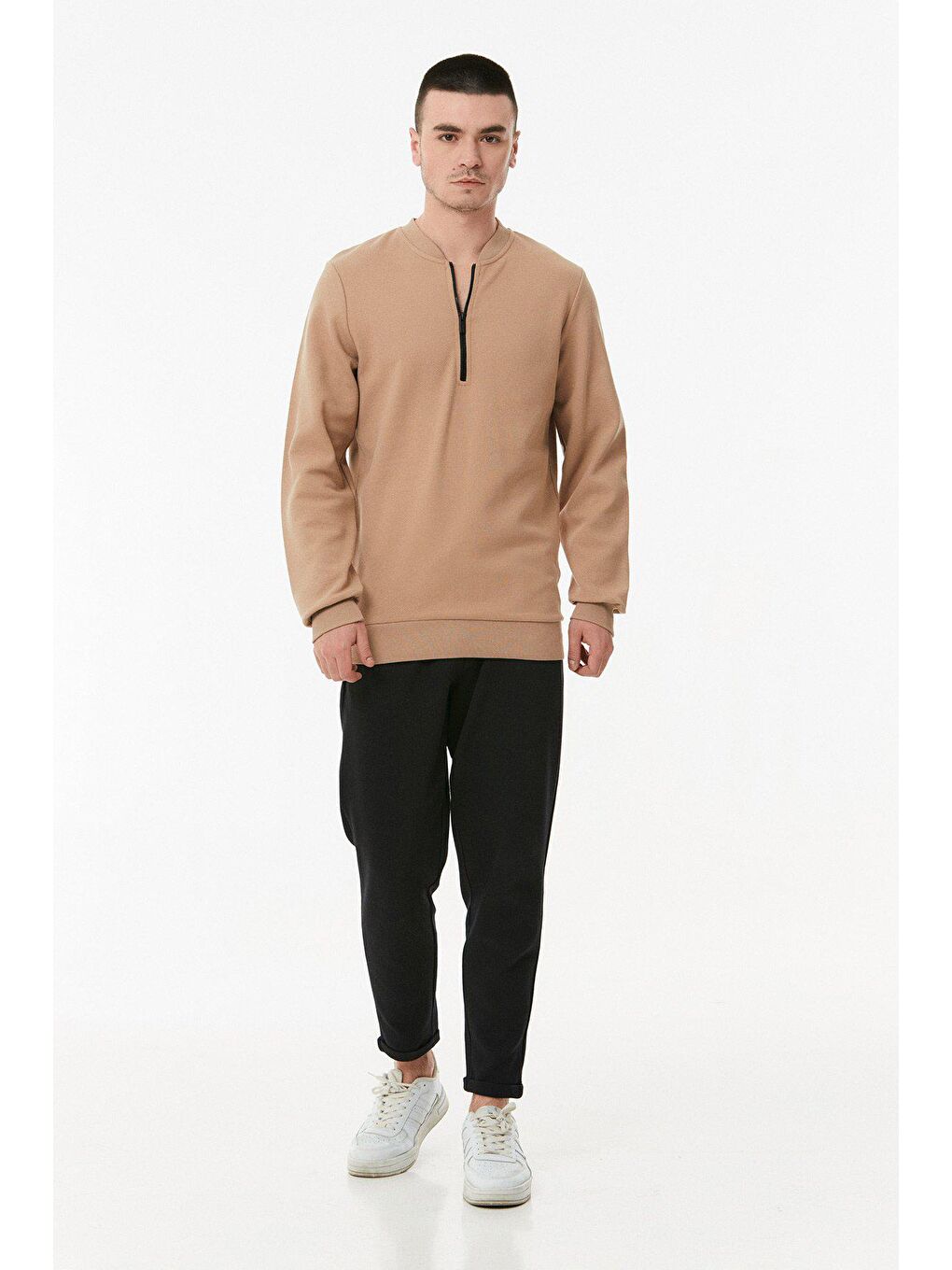 Bej Yarım Fermuarlı Sweatshirt-1