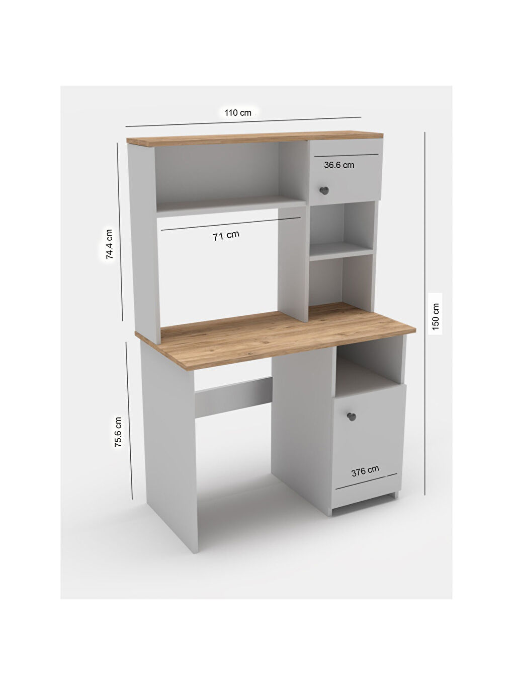 Karışık Porto 2 Kapaklı ve Raflı Çalışma Masası - Beyaz / Atlantik Çam - 150x50x110 cm-1