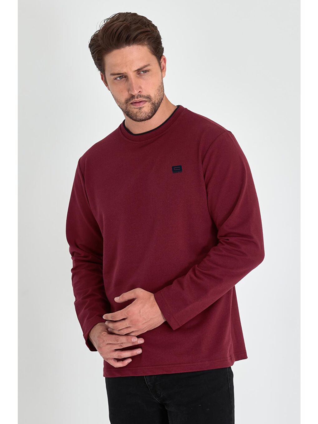 MMETALIC Bordo Erkek Bordo Çift Bisiklet Yaka Baskı Detaylı Standart Rahat Kesim Sweatshirt