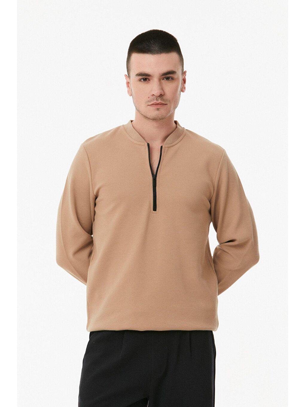 Bej Yarım Fermuarlı Sweatshirt-3
