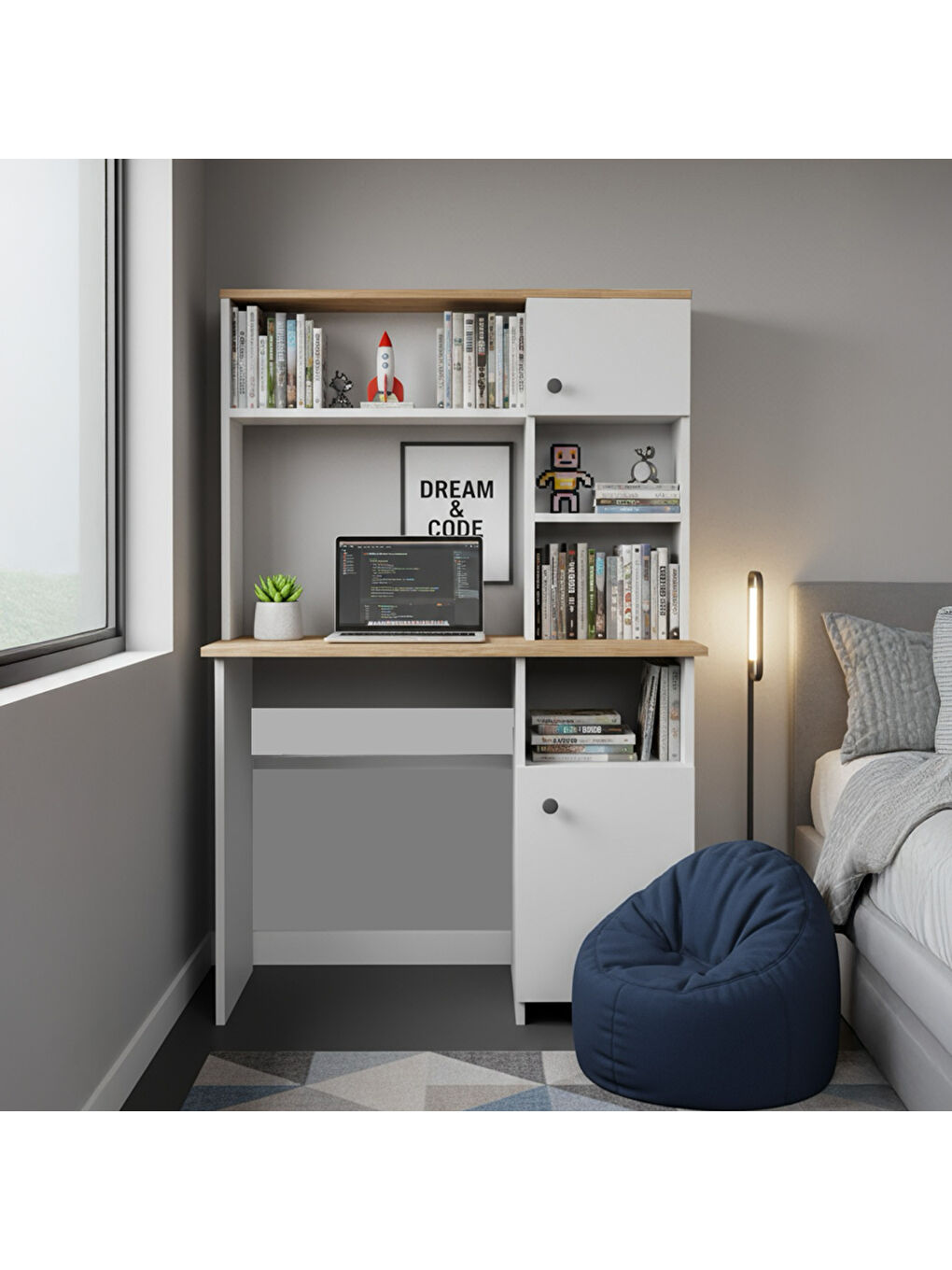 Karışık Porto 2 Kapaklı ve Raflı Çalışma Masası - Beyaz / Atlantik Çam - 150x50x110 cm-2