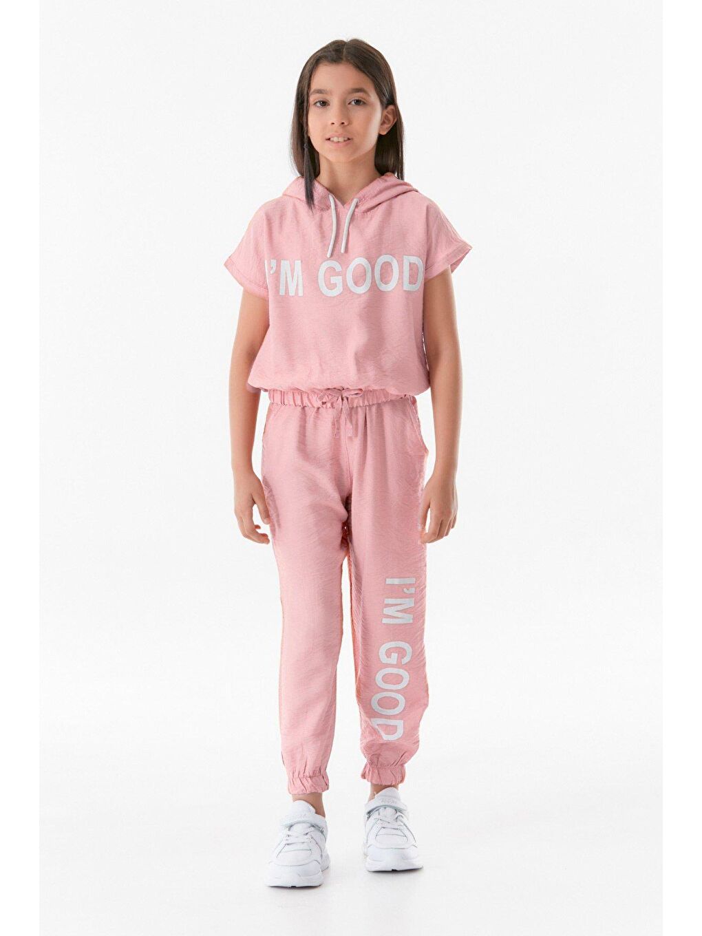 Pembe Yazı Baskılı Kapüşonlu Kız Çocuk Takım