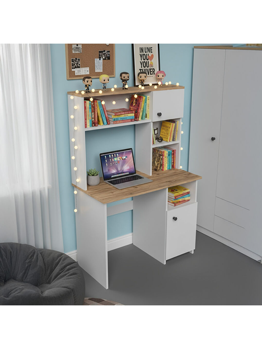 Karışık Porto 2 Kapaklı ve Raflı Çalışma Masası - Beyaz / Atlantik Çam - 150x50x110 cm-3