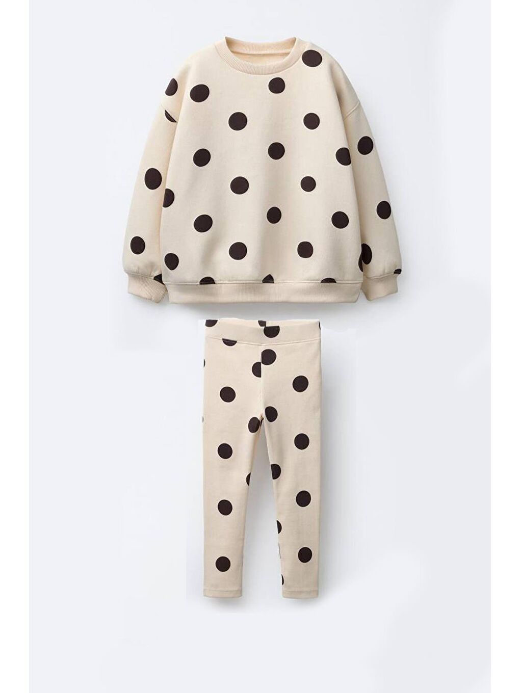 Ekru Kız Çocuk Puantiye Baskılı 3 İplik Kumaş Alt Üst Takım