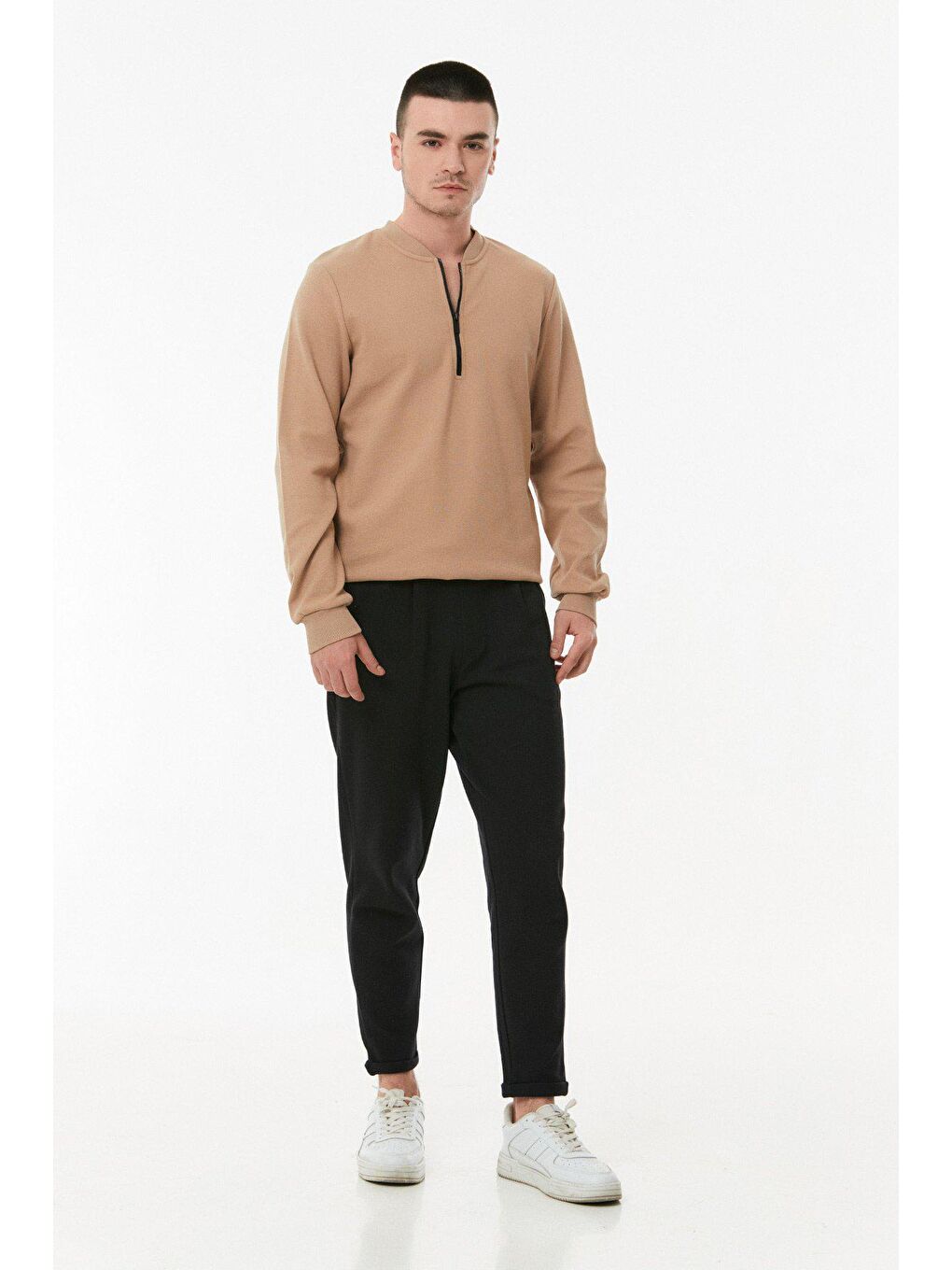 Bej Yarım Fermuarlı Sweatshirt-4