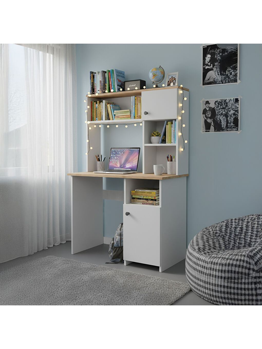 Karışık Porto 2 Kapaklı ve Raflı Çalışma Masası - Beyaz / Atlantik Çam - 150x50x110 cm-4