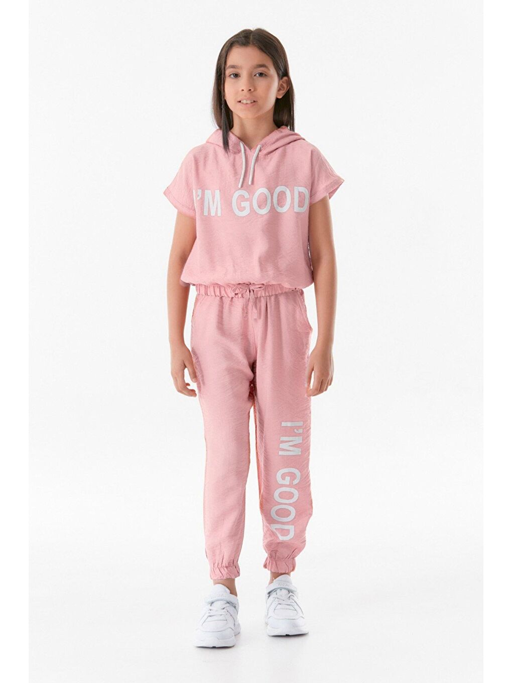 Pembe Yazı Baskılı Kapüşonlu Kız Çocuk Takım-2