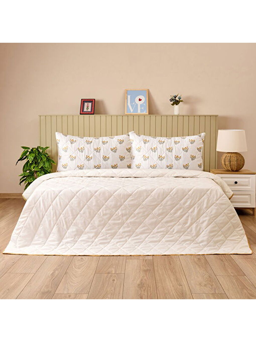 Soft Folky Çok Amaçlı Çift Kişilik Yatak Örtüsü Seti - Sarı-3