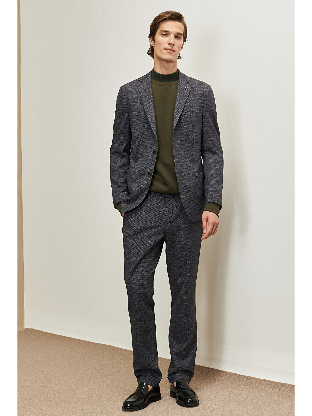 Erkek Siyah-Antrasit Slim Fit Dar Kesim Mono Yaka Desenli Takım Elbise-1