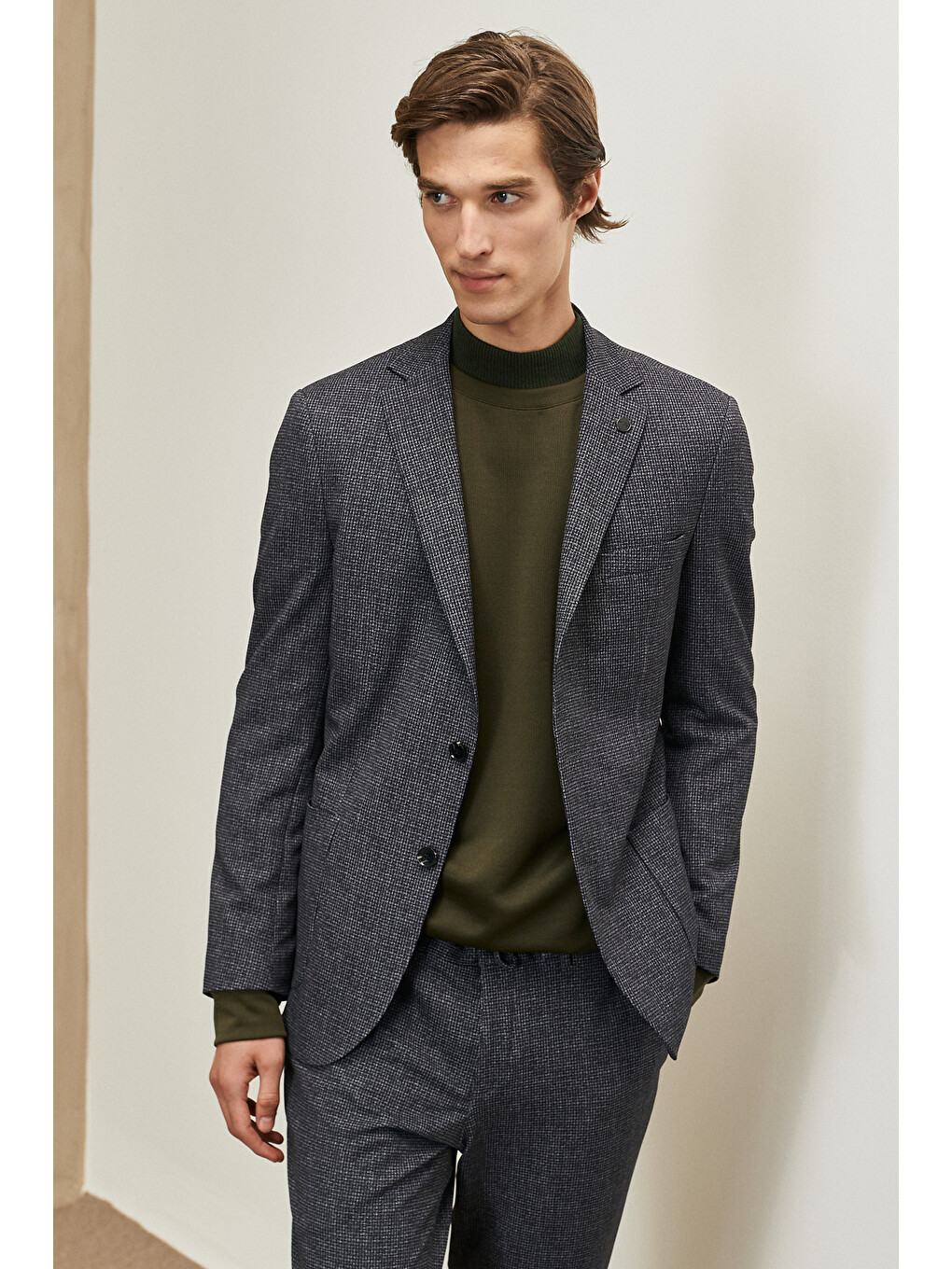 Erkek Siyah-Antrasit Slim Fit Dar Kesim Mono Yaka Desenli Takım Elbise-2