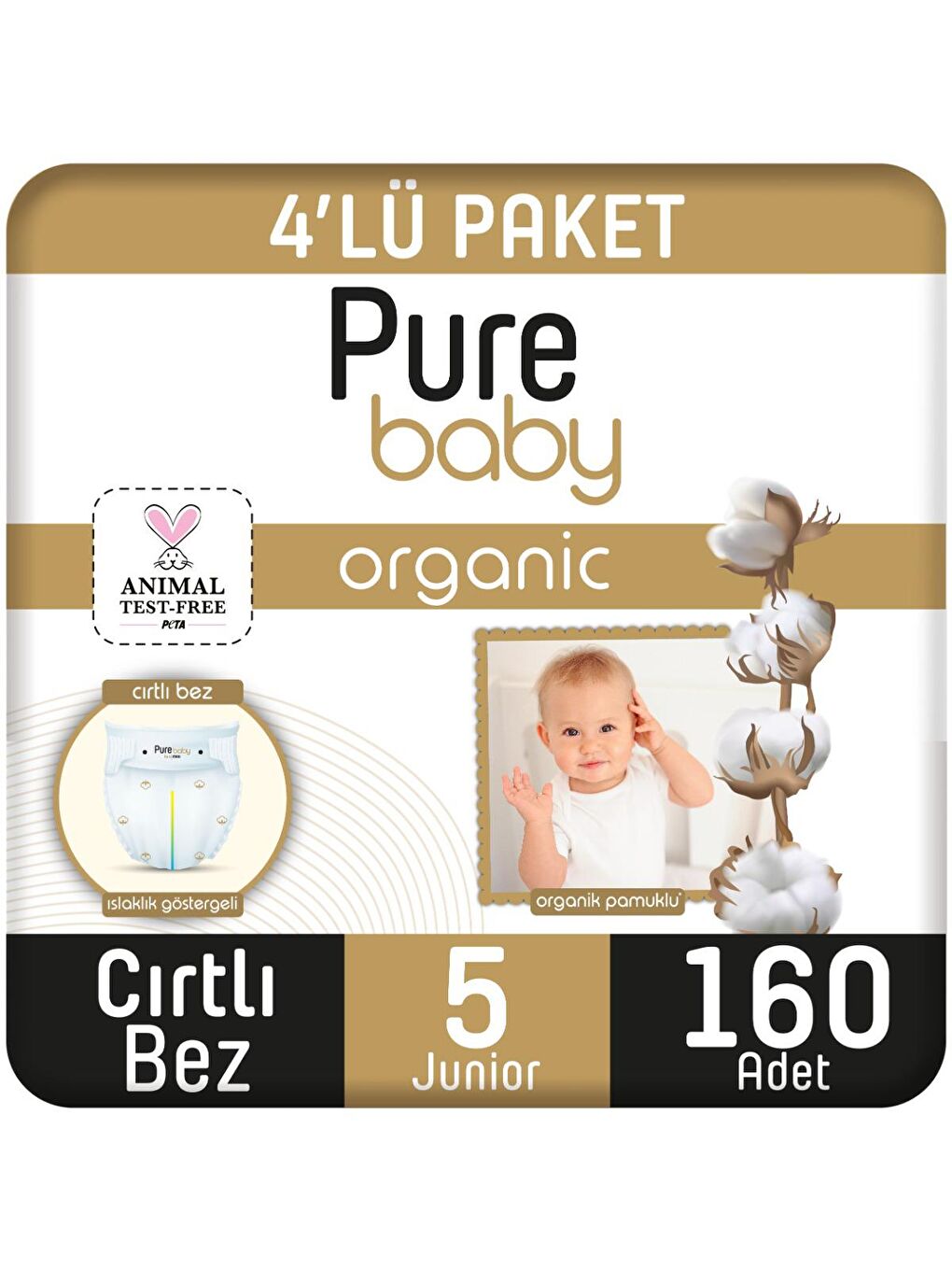 Pure Baby Renksiz Organik Pamuklu Cırtlı Bez 4'lü Paket 5 Numara Junior 160 Adet