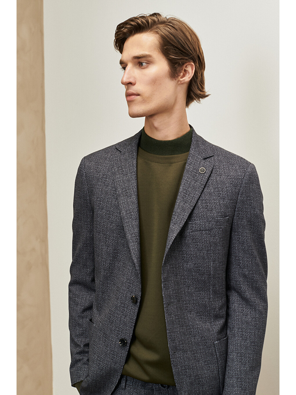 Erkek Siyah-Antrasit Slim Fit Dar Kesim Mono Yaka Desenli Takım Elbise-3