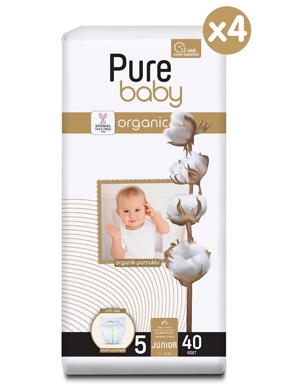 Pure Baby Renksiz Organik Pamuklu Cırtlı Bez 4'lü Paket 5 Numara Junior 160 Adet - 1