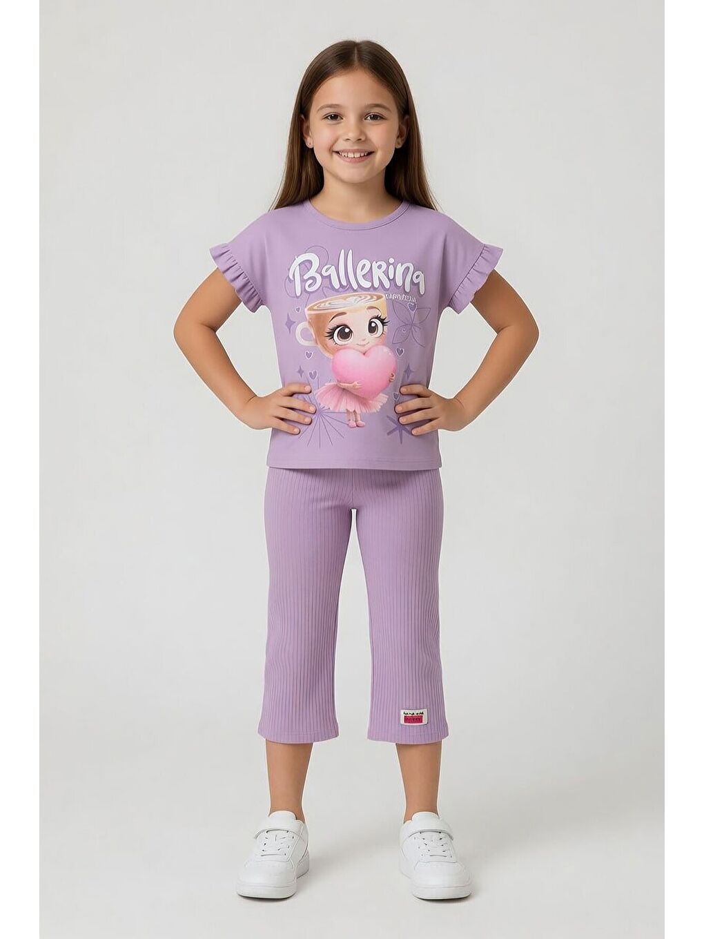 Lila Karakter Baskılı Tişörtlü Fitilli Pantolonlu Kız Çocuk 2li Takım 23830