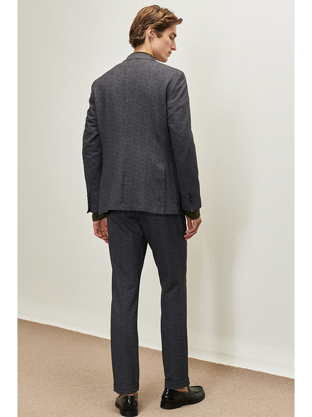 Erkek Siyah-Antrasit Slim Fit Dar Kesim Mono Yaka Desenli Takım Elbise-4