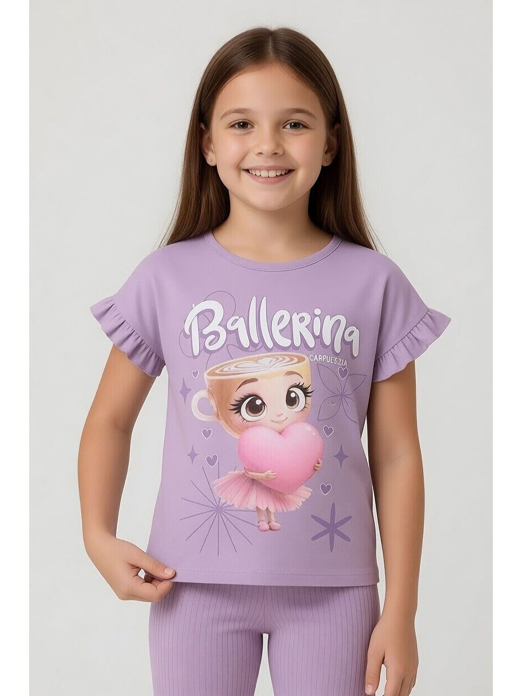 Lila Karakter Baskılı Tişörtlü Fitilli Pantolonlu Kız Çocuk 2li Takım 23830-1