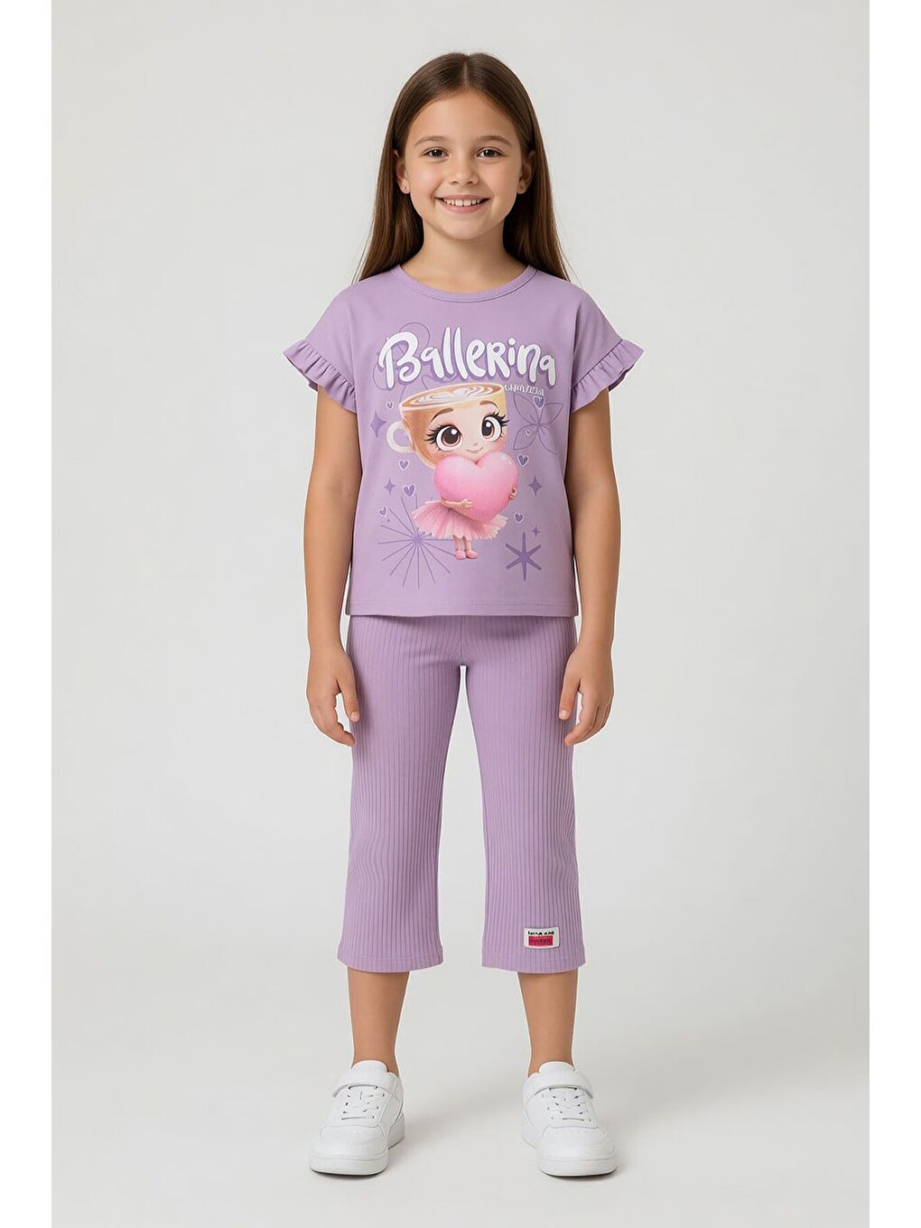 Lila Karakter Baskılı Tişörtlü Fitilli Pantolonlu Kız Çocuk 2li Takım 23830-2
