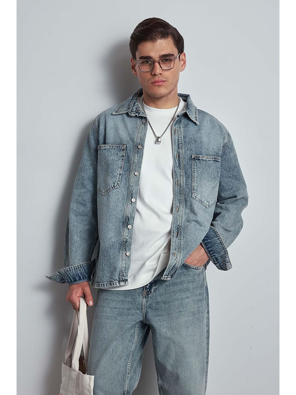Erkek Oversize Yıkamalı Denim Gömlek Mavi