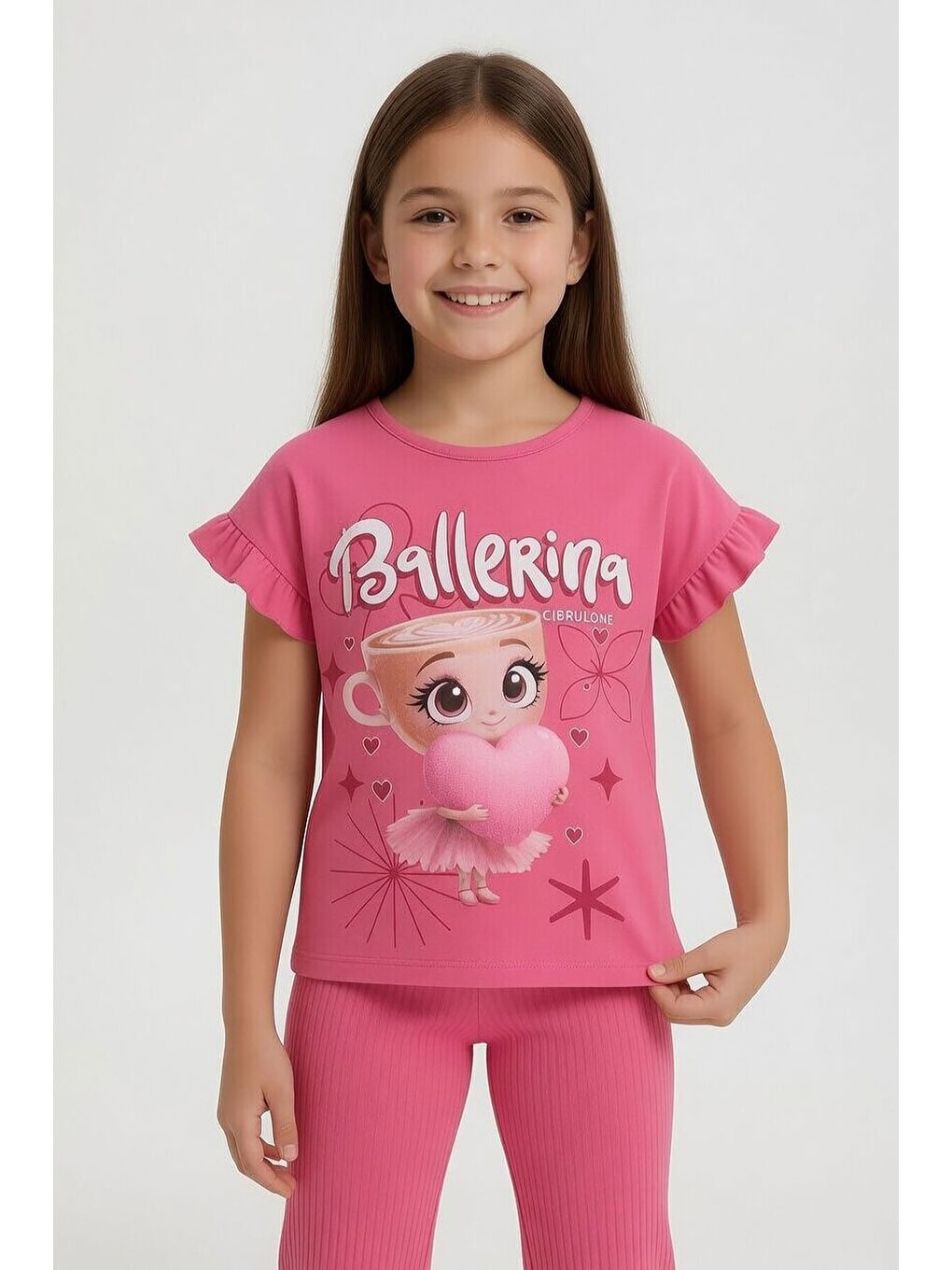 Pembe Karakter Baskılı Tişörtlü Fitilli Pantolonlu Kız Çocuk 2li Takım 23829-1