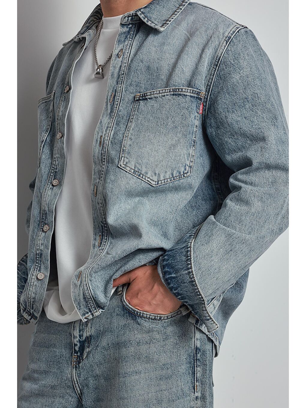 Erkek Oversize Yıkamalı Denim Gömlek Mavi-2