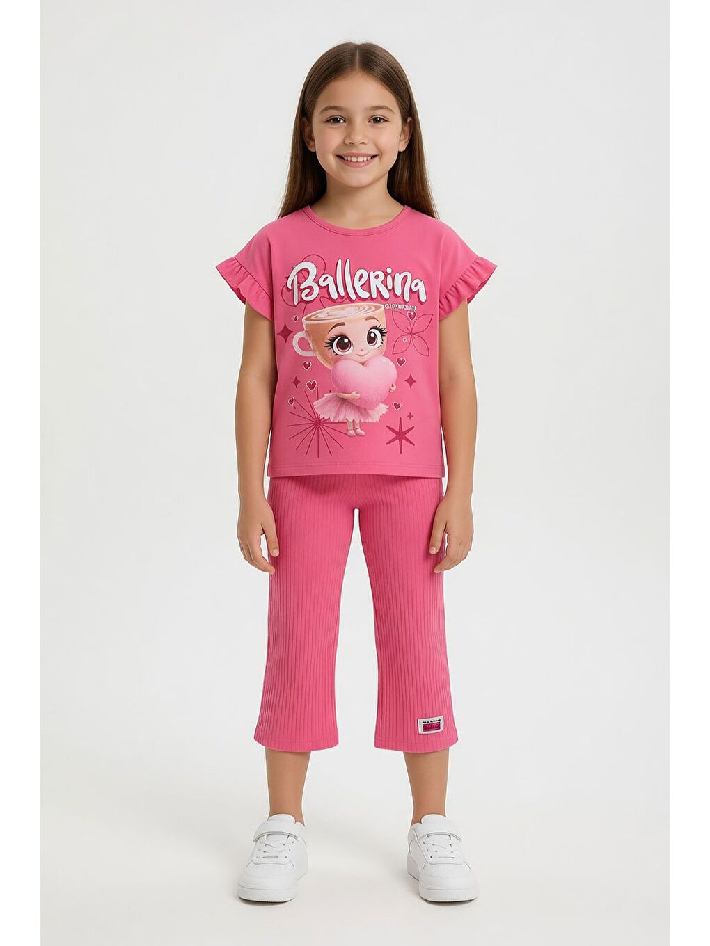 Pembe Karakter Baskılı Tişörtlü Fitilli Pantolonlu Kız Çocuk 2li Takım 23829-2