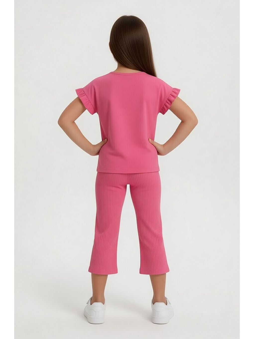 Pembe Karakter Baskılı Tişörtlü Fitilli Pantolonlu Kız Çocuk 2li Takım 23829-3