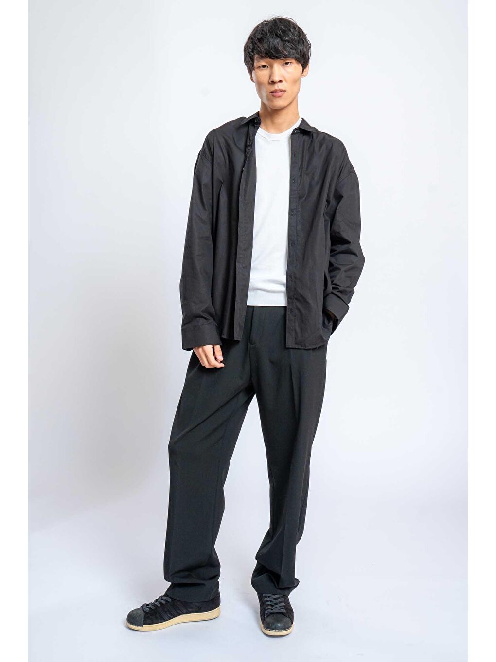 Erkek Oversize Uzun Kollu Basic Gömlek Siyah-2