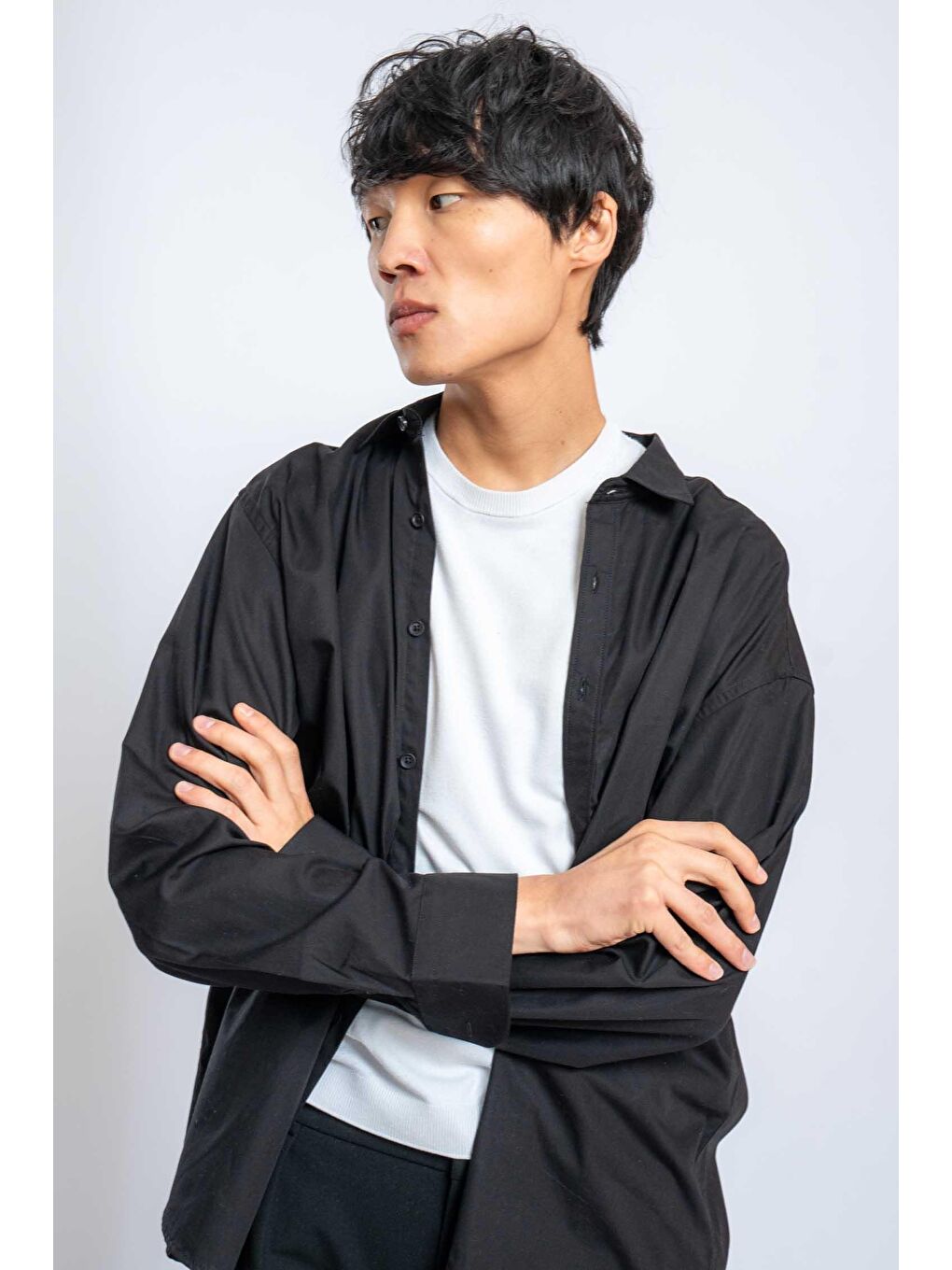 Erkek Oversize Uzun Kollu Basic Gömlek Siyah-4