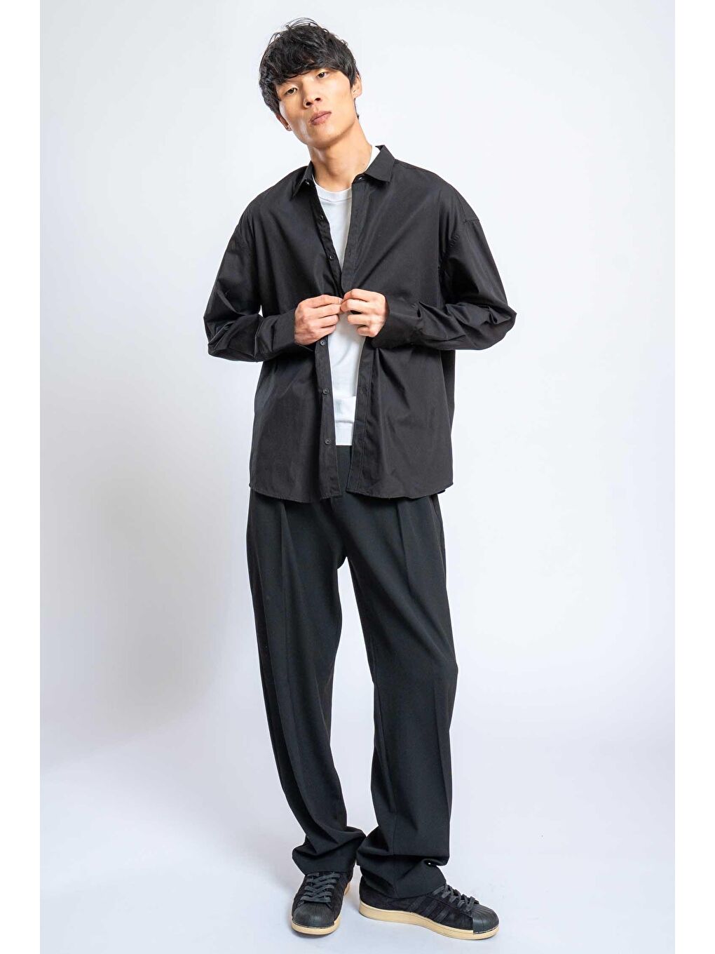 Erkek Oversize Uzun Kollu Basic Gömlek Siyah-5