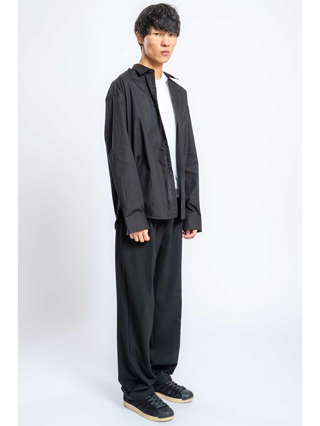 Erkek Oversize Uzun Kollu Basic Gömlek Siyah-6