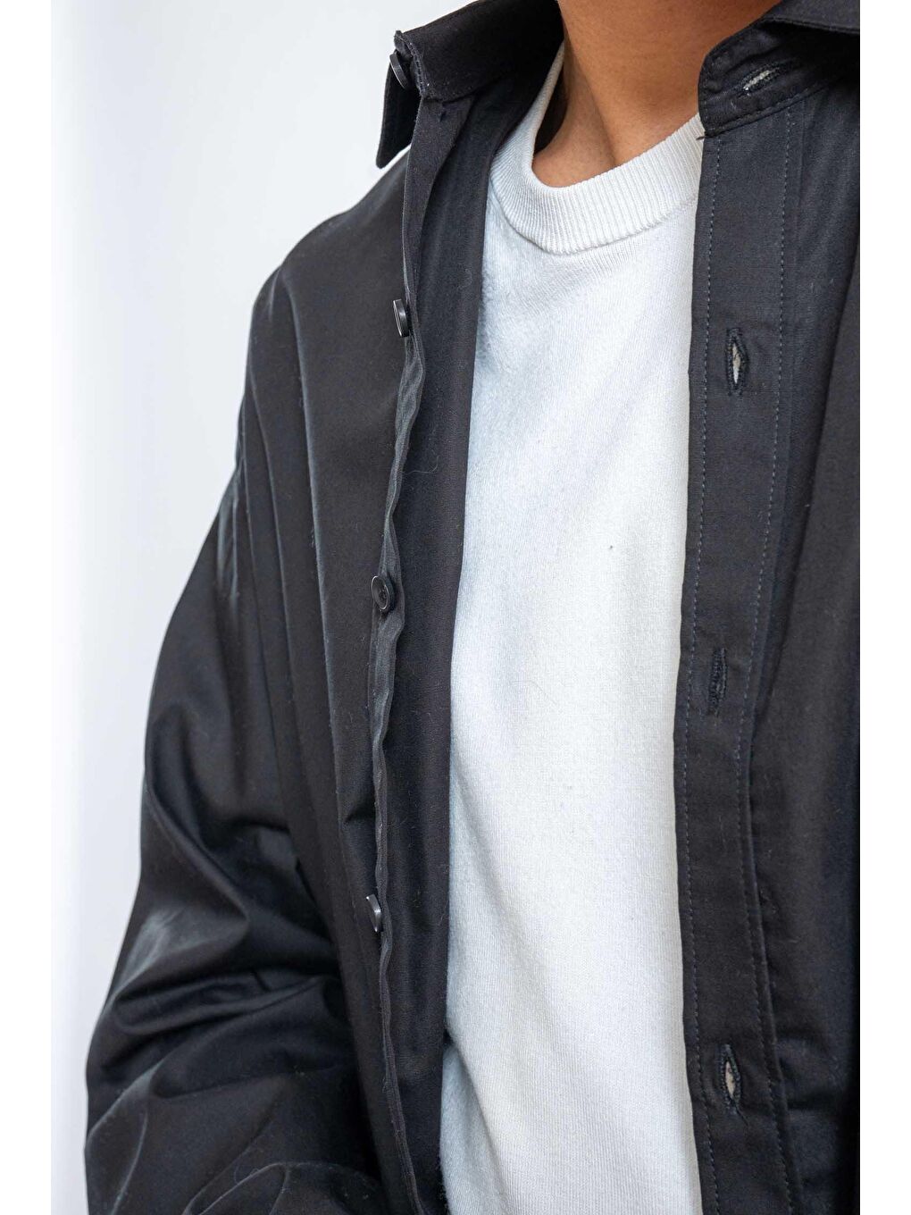 Erkek Oversize Uzun Kollu Basic Gömlek Siyah-7