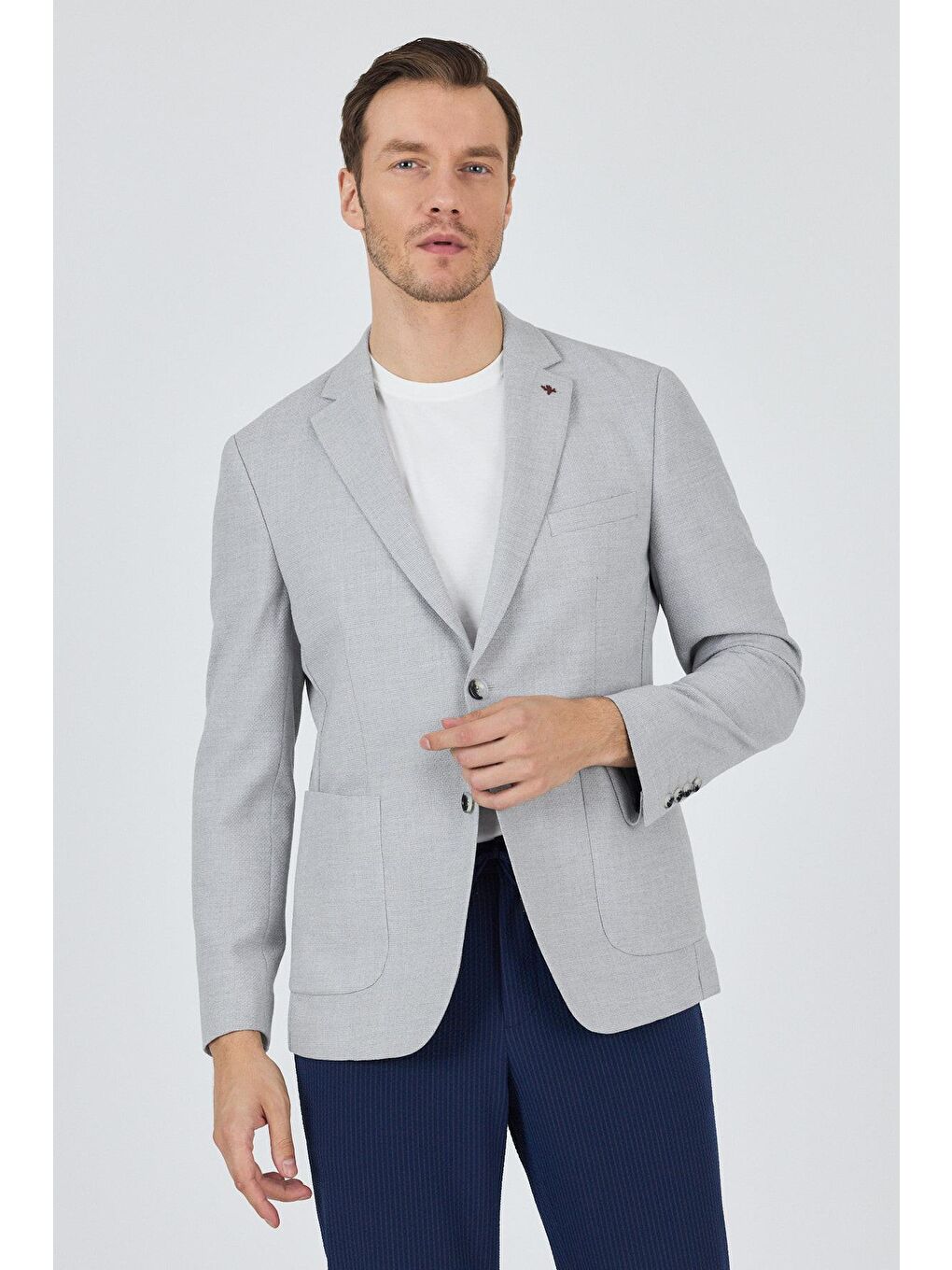 Gri Mono Yaka Düz 2 Düğme Casual Esnek Slim Fit Ceket 1002250123