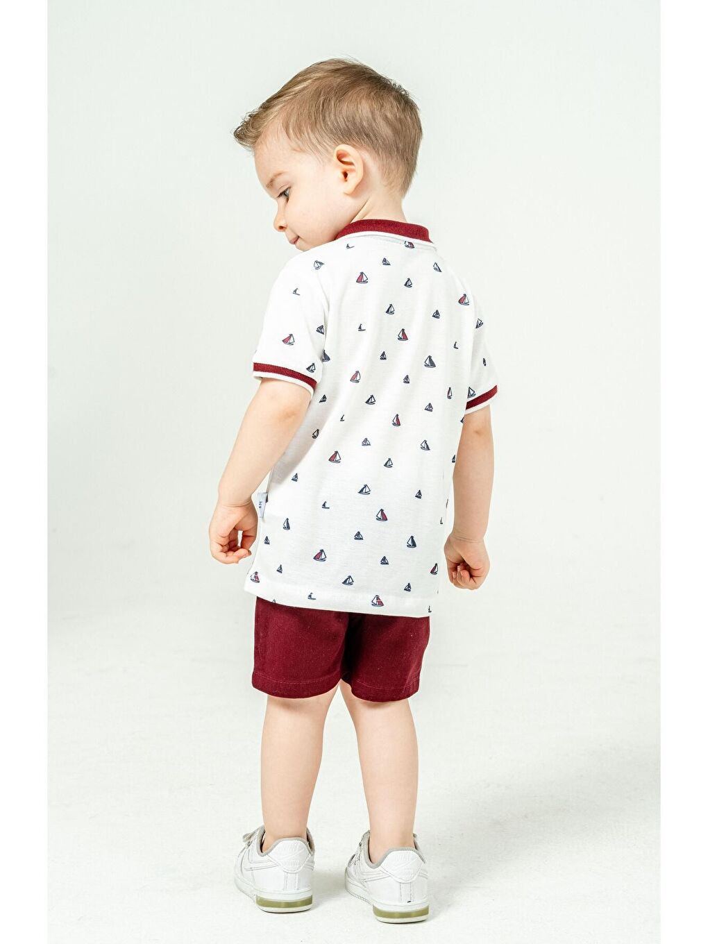 Bordo Tarz Lakos Yelken Desenli Belden Ayarlanabilir Kısa Kollu Şortlu 2'li Takım-2