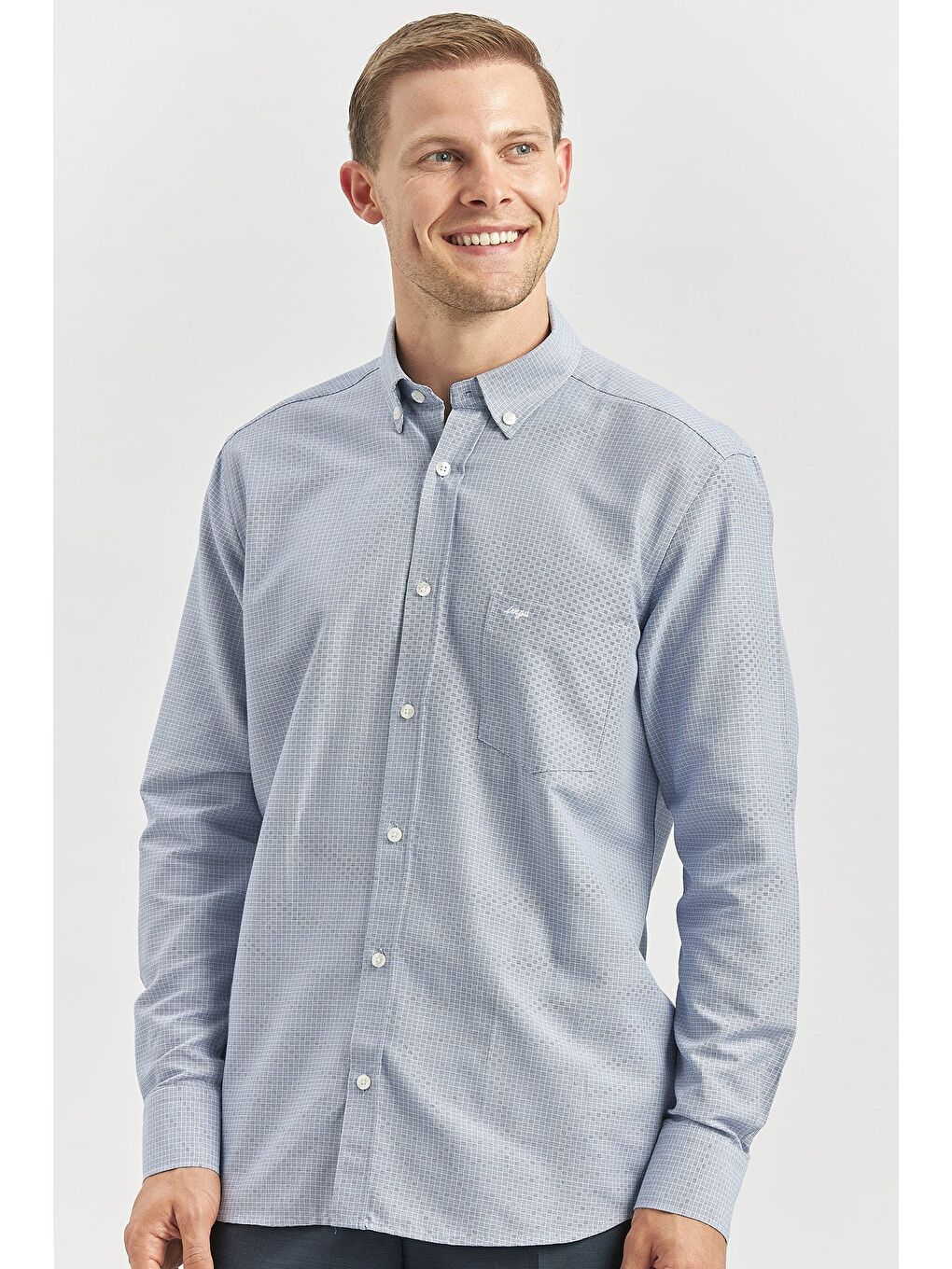 Mavi Uzun Kol Kendinden Desenli Armürlü Smart Düğmeli Yaka Classic Comfort Fit Gömlek 1004240265