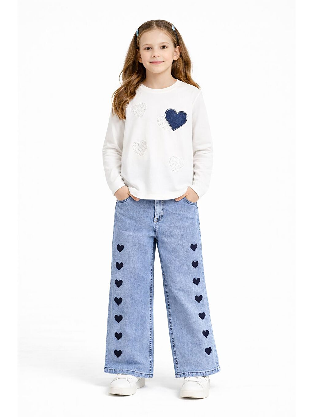 Ekru Kalp Desenli Badili Jean Pantolonlu Kız Çocuk 2li Takım 23745-1