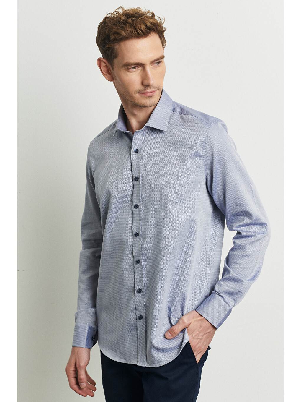 Erkek Lacivert Slim Fit Dar Kesim %100 Pamuk Klasik Yaka Armürlü Gömlek-2