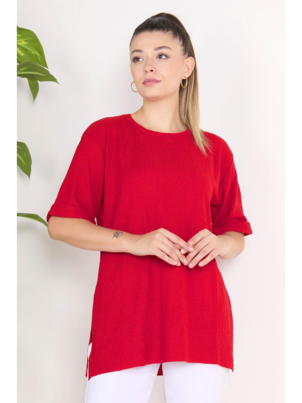 Bisiklet Yaka Kadın Kırmızı Bluz - 23138