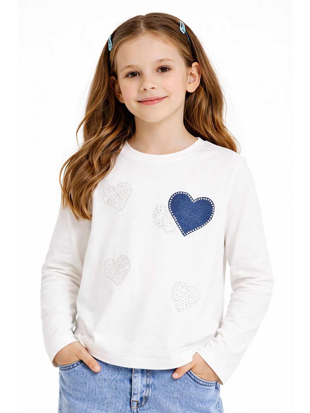 Ekru Kalp Desenli Badili Jean Pantolonlu Kız Çocuk 2li Takım 23745-2