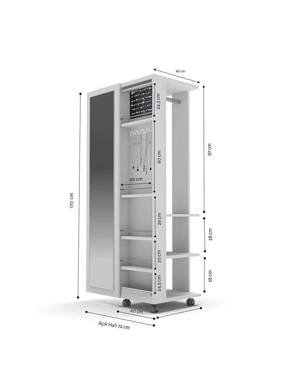Sıla Aynalı Çok Amaçlı Takı Dolabı - Beyaz - 40x40x168 cm-1
