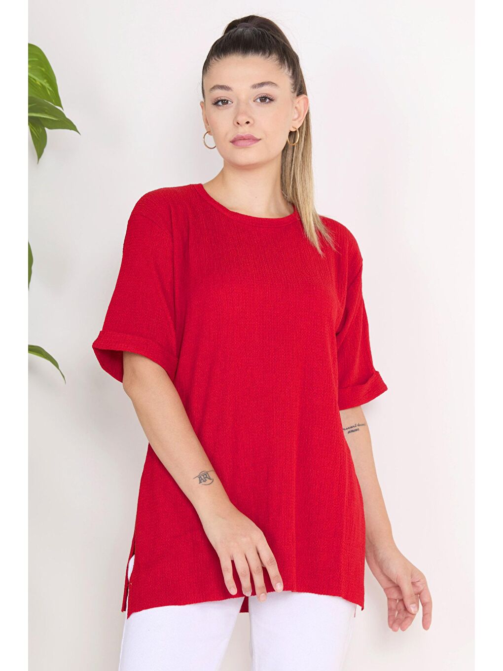 Bisiklet Yaka Kadın Kırmızı Bluz - 23138-1