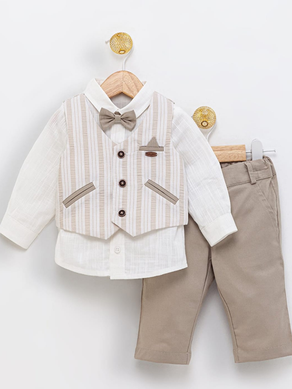 Bej Erkek Bebek Yelek Gömlek Pantolon Papyon Bayramlık Takım Elbise