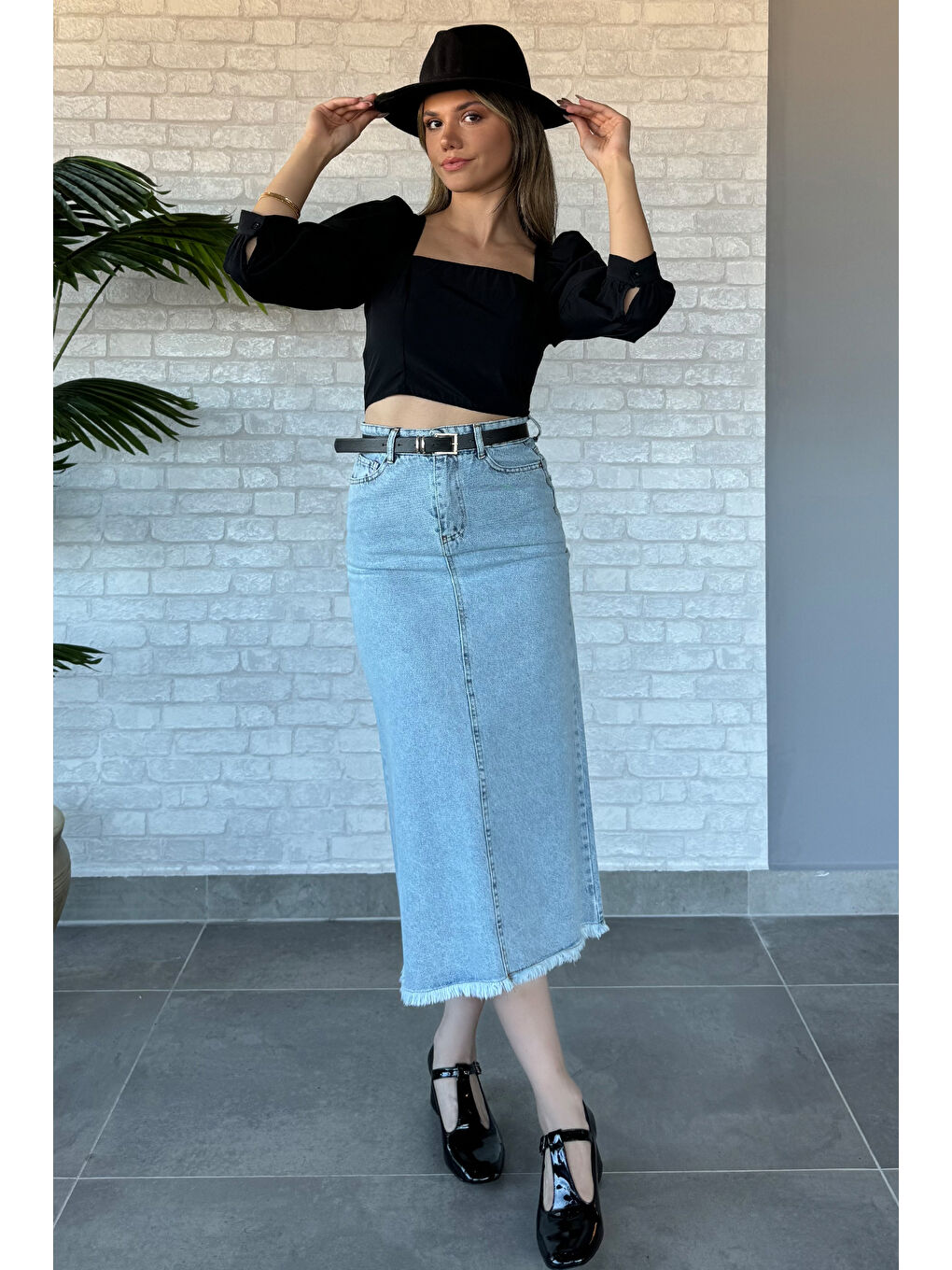 Mavi Püsküllü Midi Jean Etek-1