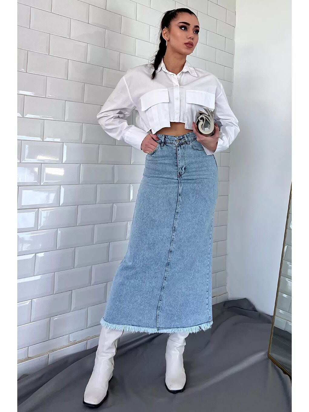 Mavi Püsküllü Midi Jean Etek-2